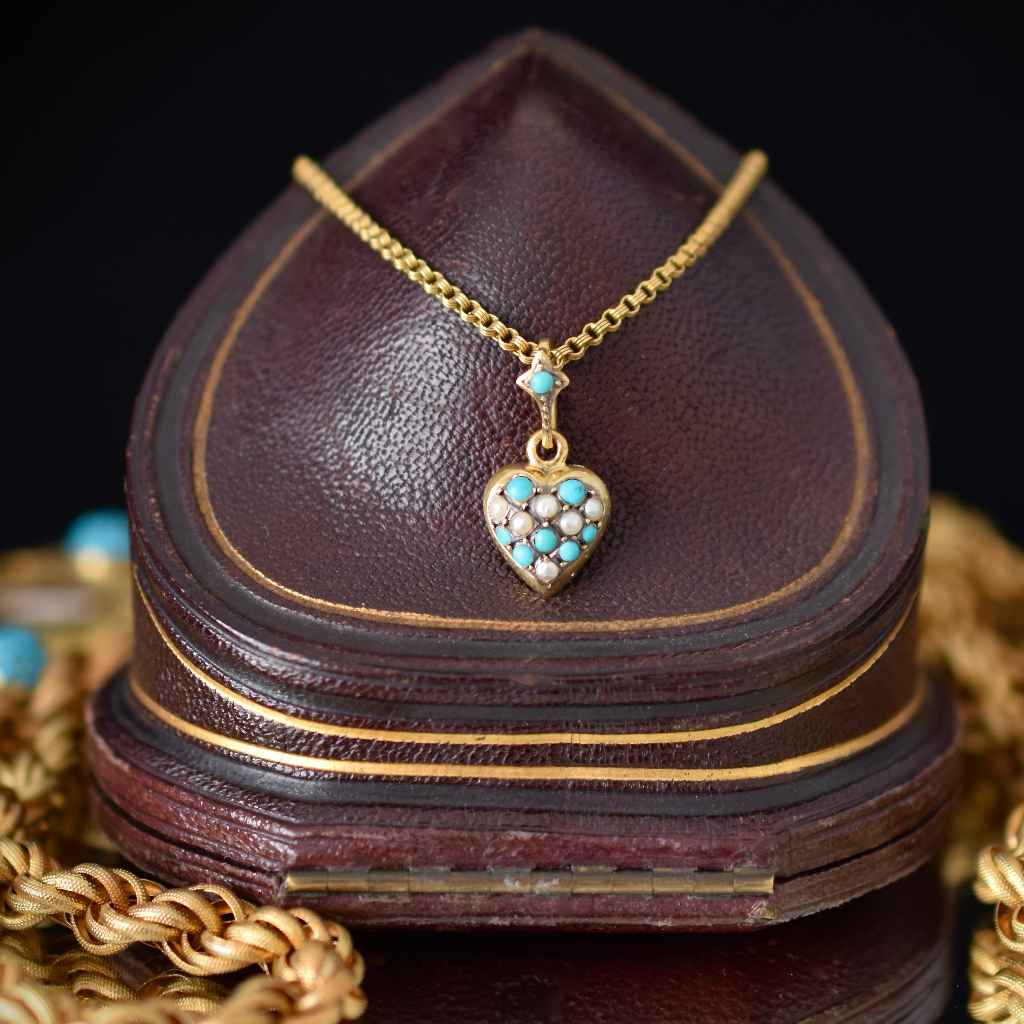 Antique Edwardian Silver/Gold Washed Turquoise And Pearl Heart Pendant Circa 1910