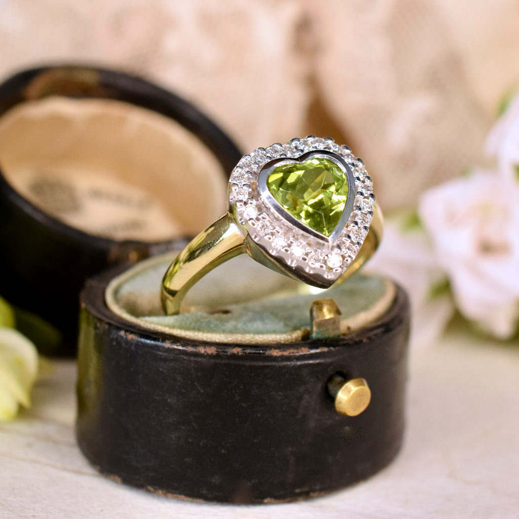 Modern 18ct Yellow Gold Heart-Cut Peridot And Diamond Halo Ring Independent Insurance/Retail Replacement Val Included For $3700 AUD