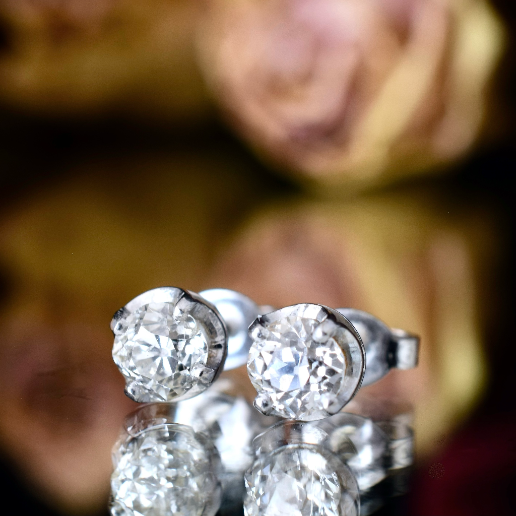 Modern 18ct White Gold ‘Old Mine Cut’ Diamond Solitaire Earrings - 1.12ct