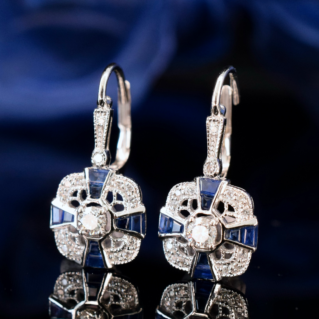 Art Deco Style 18ct White Gold Diamond And Sapphire Earrings