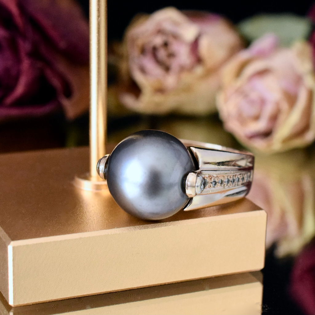 Modern 14ct Yellow Gold Tahitian Pearl And Diamond Ring