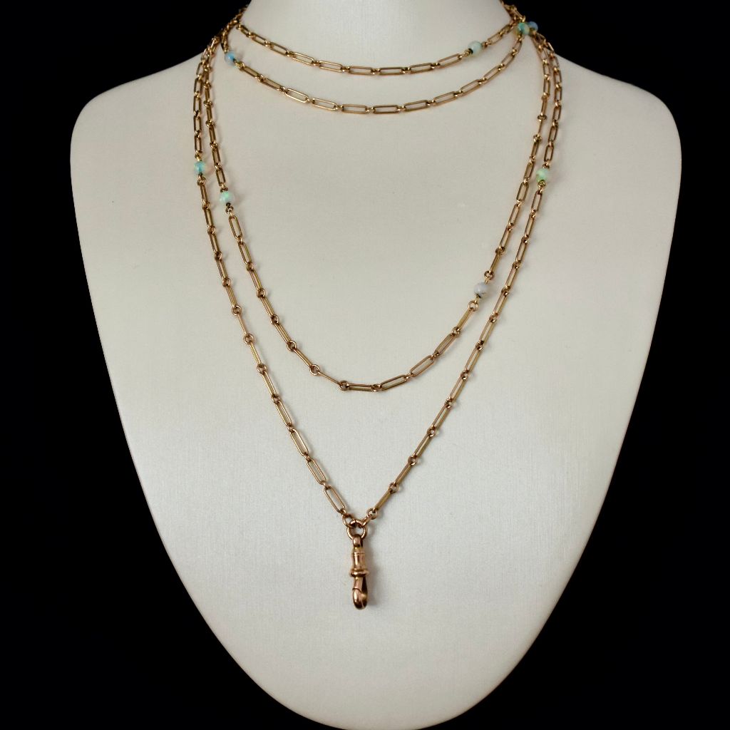 Antique 9ct Rose Gold And Opal Long Guard Chain 148cm