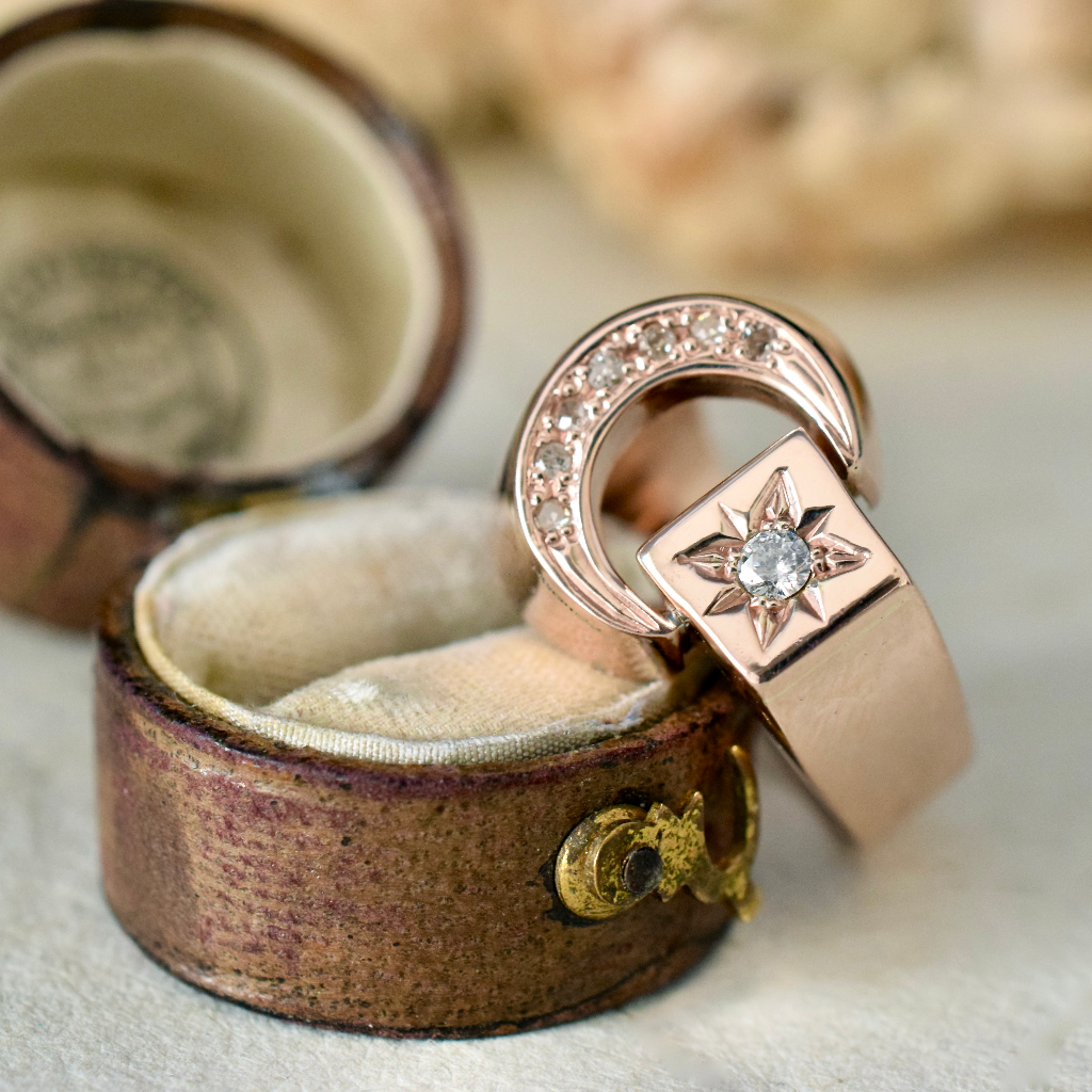 Vintage 9ct Rose Gold And Diamond ‘Crescent And Star’ Ring