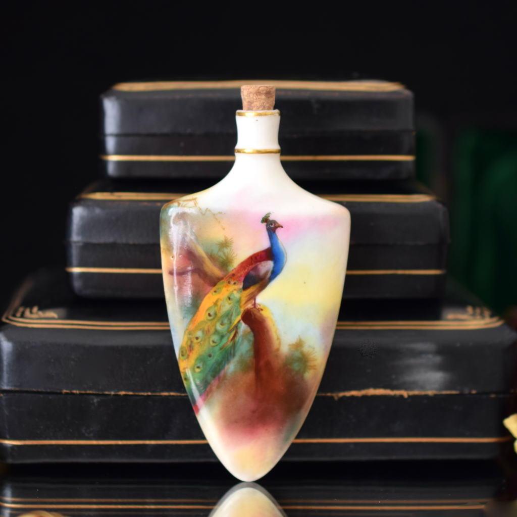 Antique Late Victorian Royal Worcester ‘Peacock’ Porcelain Scent Bottle Circa 1890