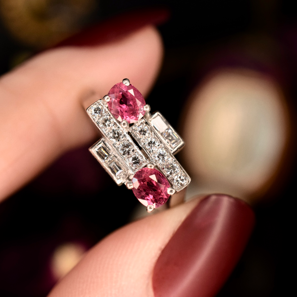 Art Deco Platinum Pink Sapphire Diamond Ring Independent Insurance/Retail Replacement Valuation For $5,500 AUD