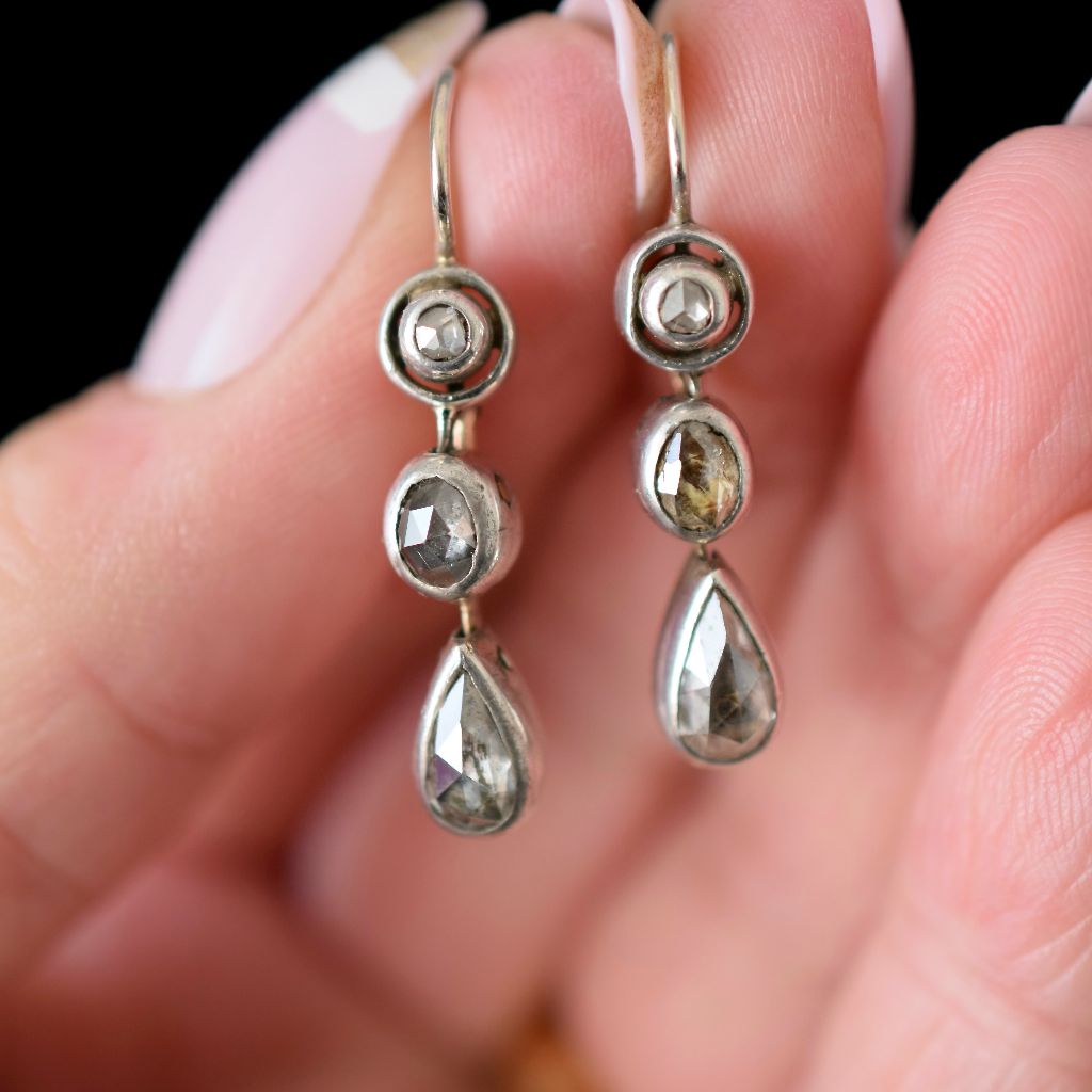 Antique Austro-Hungarian 9ct Pink Gold / Silver Rose Cut Diamond Dormeuse Earrings Circa 1880