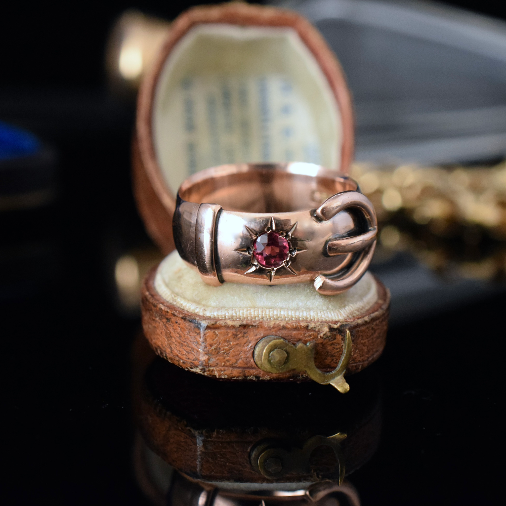 Antique Australian 9ct Rose Gold And Garnet Wide Buckle Ring Circa 1915 Independent Valuation Included For $2,800 AUD