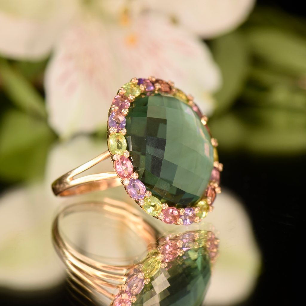 Modern 18ct Yellow Gold Tourmaline, Amethyst, Peridot, Pink And Mauve Sapphire And Diamond Ring Independent Valuation Included For $6,000 AUD