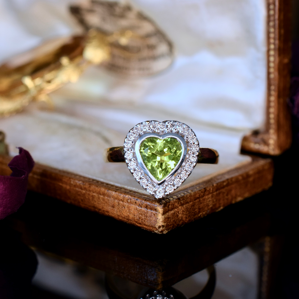Modern 18ct Yellow Gold Heart-Cut Peridot And Diamond Halo Ring Independent Insurance/Retail Replacement Val Included For $3700 AUD
