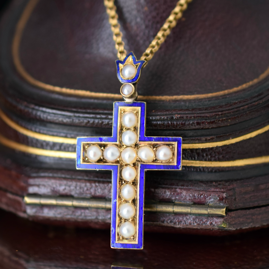 Antique Victorian 15ct Yellow Gold Blue Enamel And Pearl Cross Circa 1870-1890