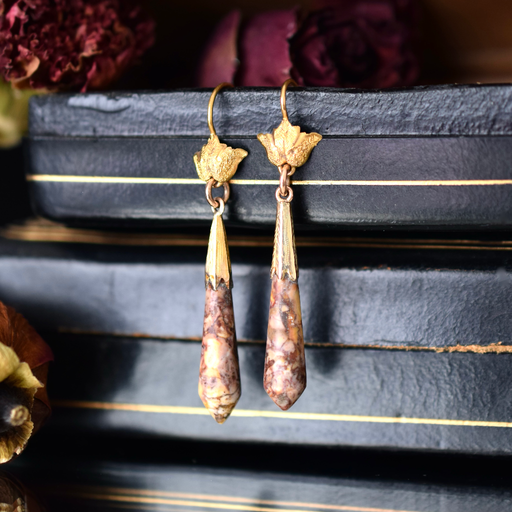 Antique Victorian 19ct And 15ct Gold Rhodonite Torpedo Earrings Circa 1870