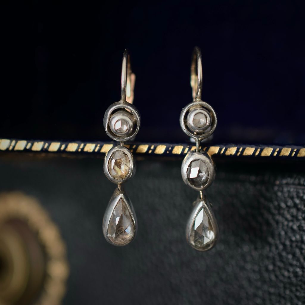 Antique Austro-Hungarian 9ct Pink Gold / Silver Rose Cut Diamond Dormeuse Earrings Circa 1880