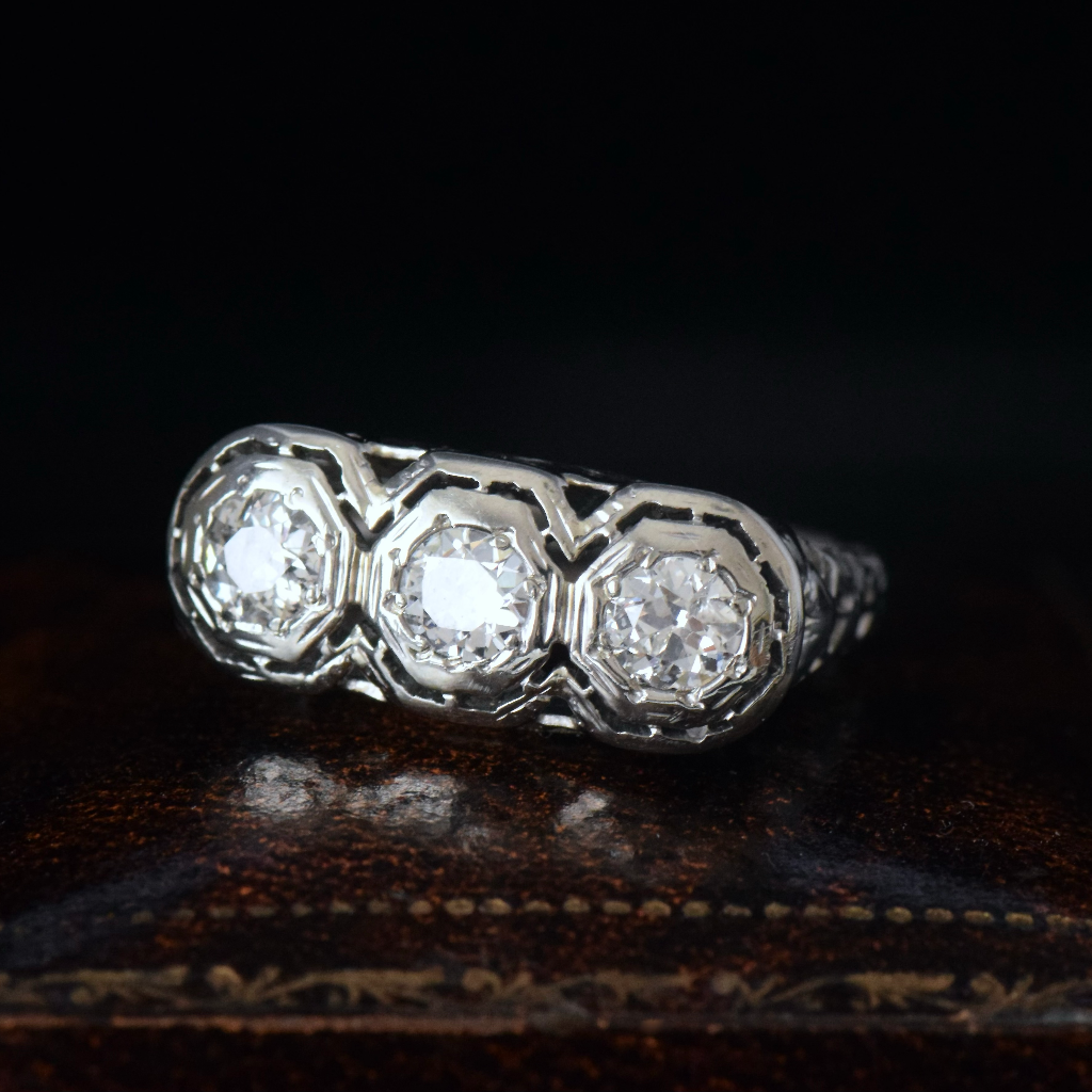 Antique Art Deco 18ct White Gold Diamond Trilogy ring 0.75ct Circa 1925 Independent Valuation Included In Purchase For $5,300 AUD