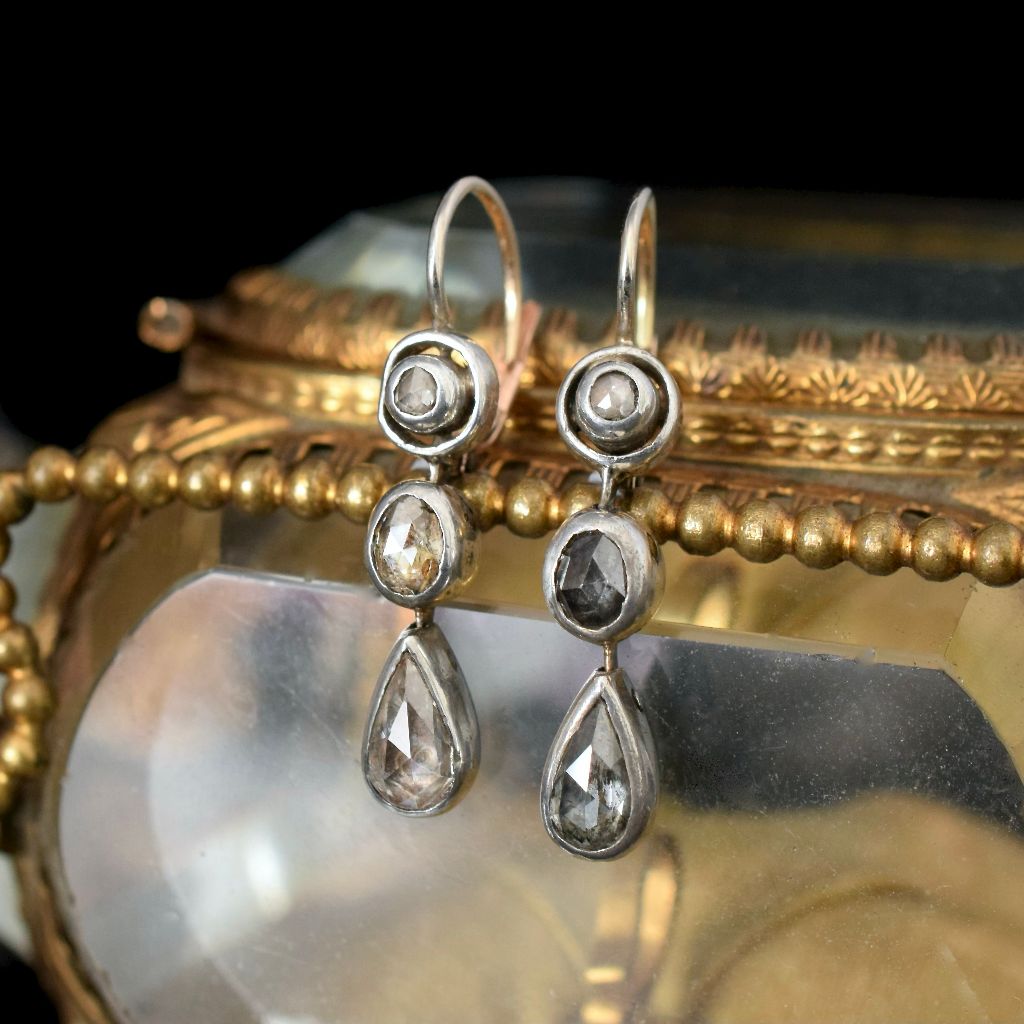 Antique Austro-Hungarian 9ct Pink Gold / Silver Rose Cut Diamond Dormeuse Earrings Circa 1880