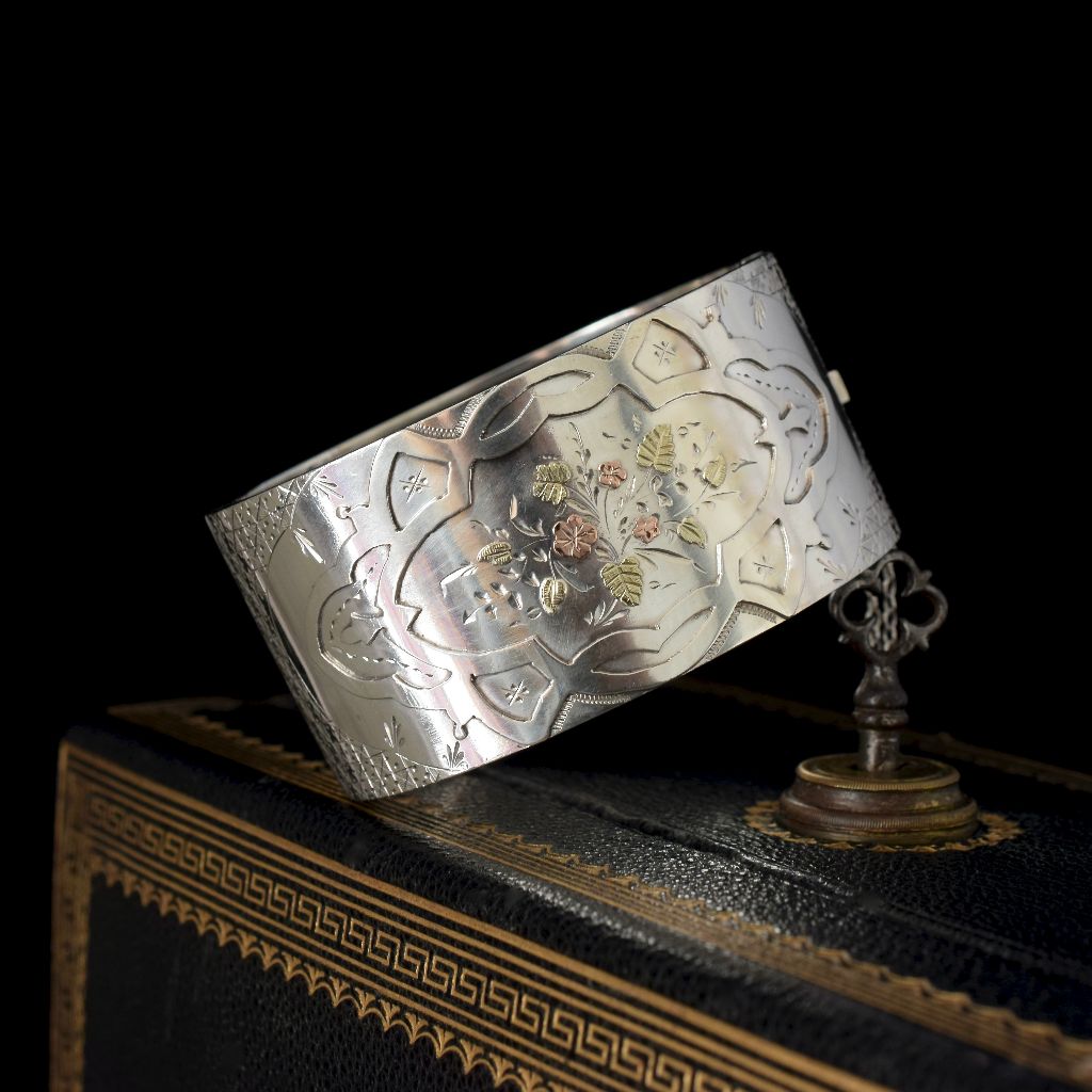 Antique Victorian Sterling Silver Wide Cuff Bangle Circa 1880