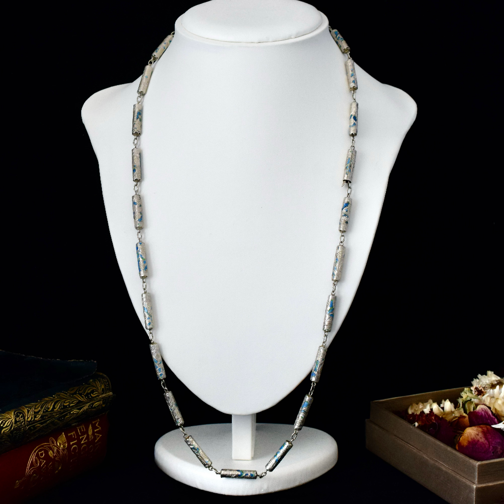 Vintage Sterling Silver And Cloisonné Long Chain 80cm