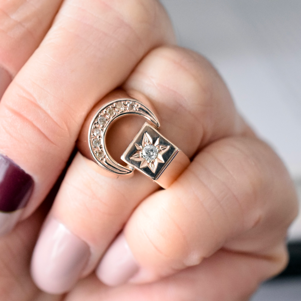 Vintage 9ct Rose Gold And Diamond ‘Crescent And Star’ Ring