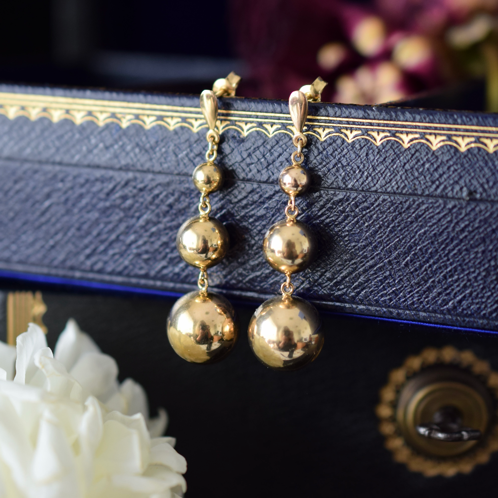 Modern 9ct Yellow Gold Triple Sphere Drop Earrings