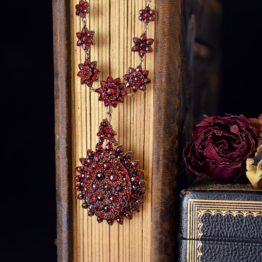 Antique Victorian Bohemian Garnet Locket And Garnet Cluster Chain Circa 1890-1900