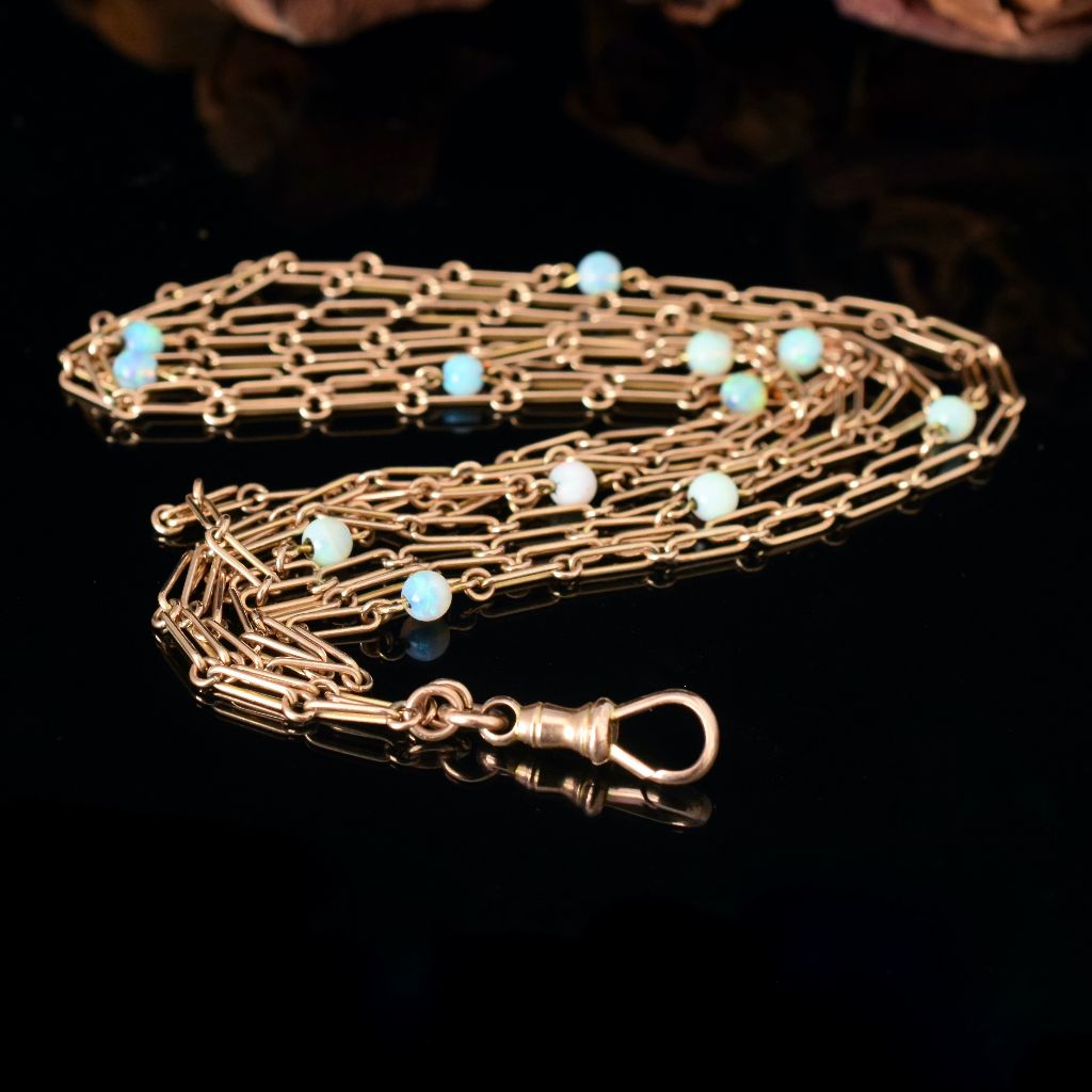 Antique 9ct Rose Gold And Opal Long Guard Chain 148cm