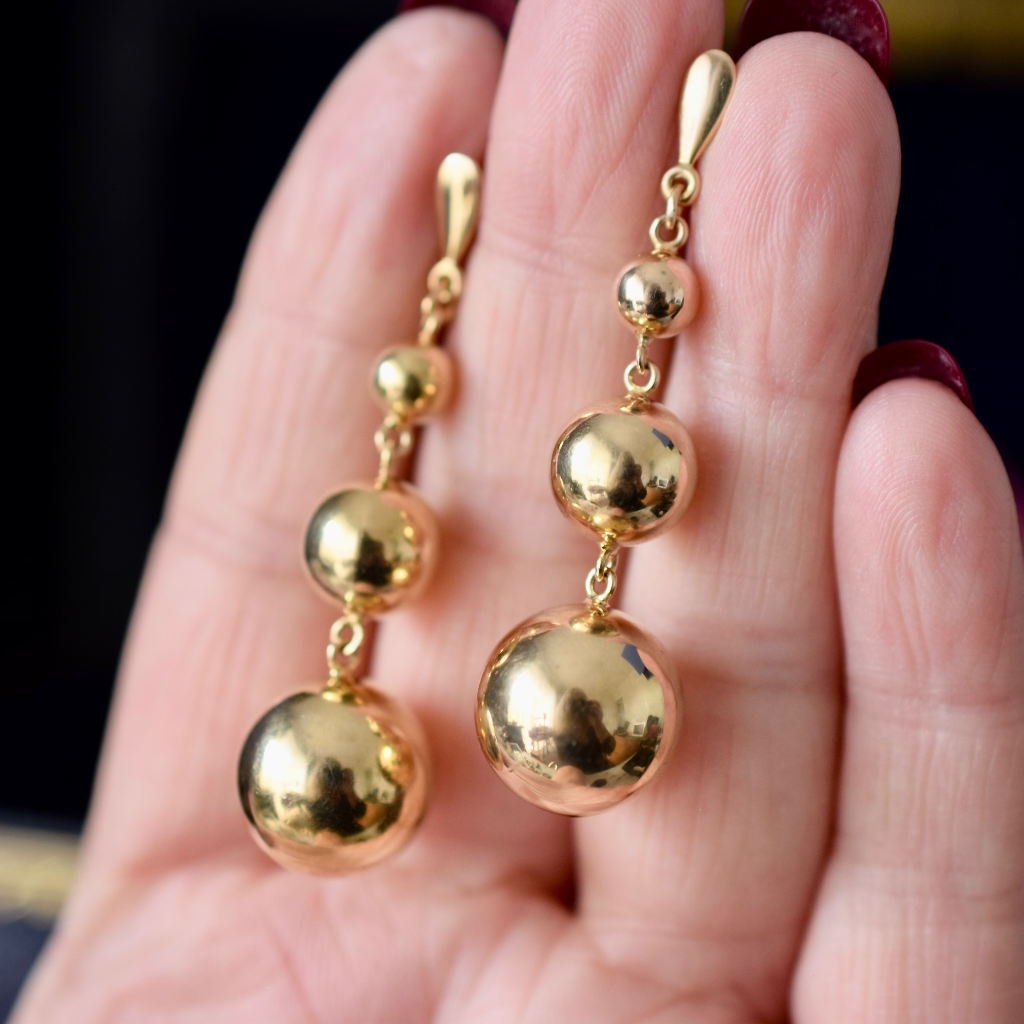 Modern 9ct Yellow Gold Triple Sphere Drop Earrings