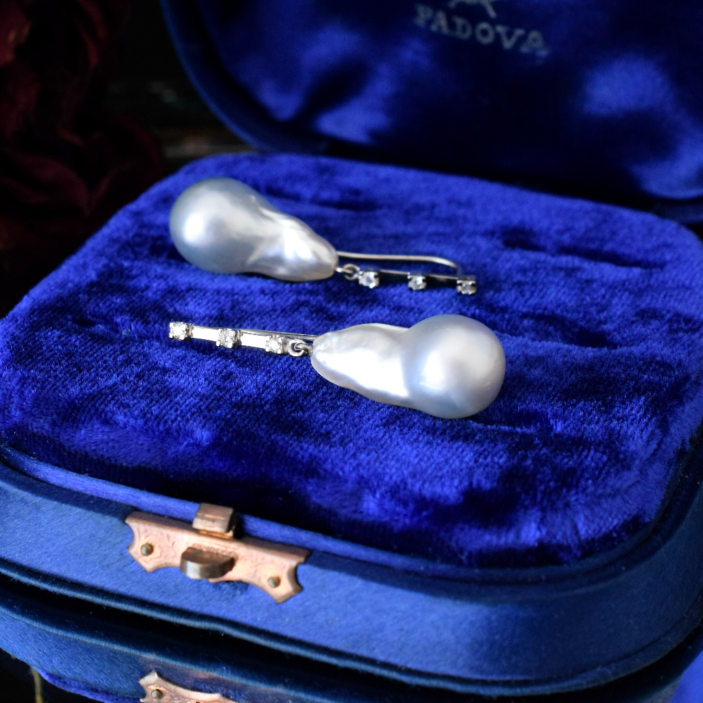 Stunning Modern 18ct White Gold Baroque Pearl And Diamond Earrings