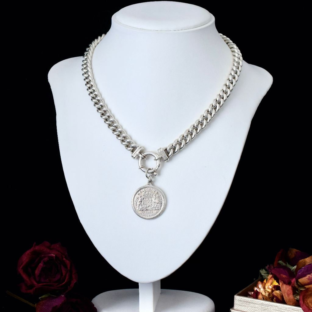 Modern Sterling Silver Heavy Curblink Chain And 1960 Australian Florin Pendent Necklace