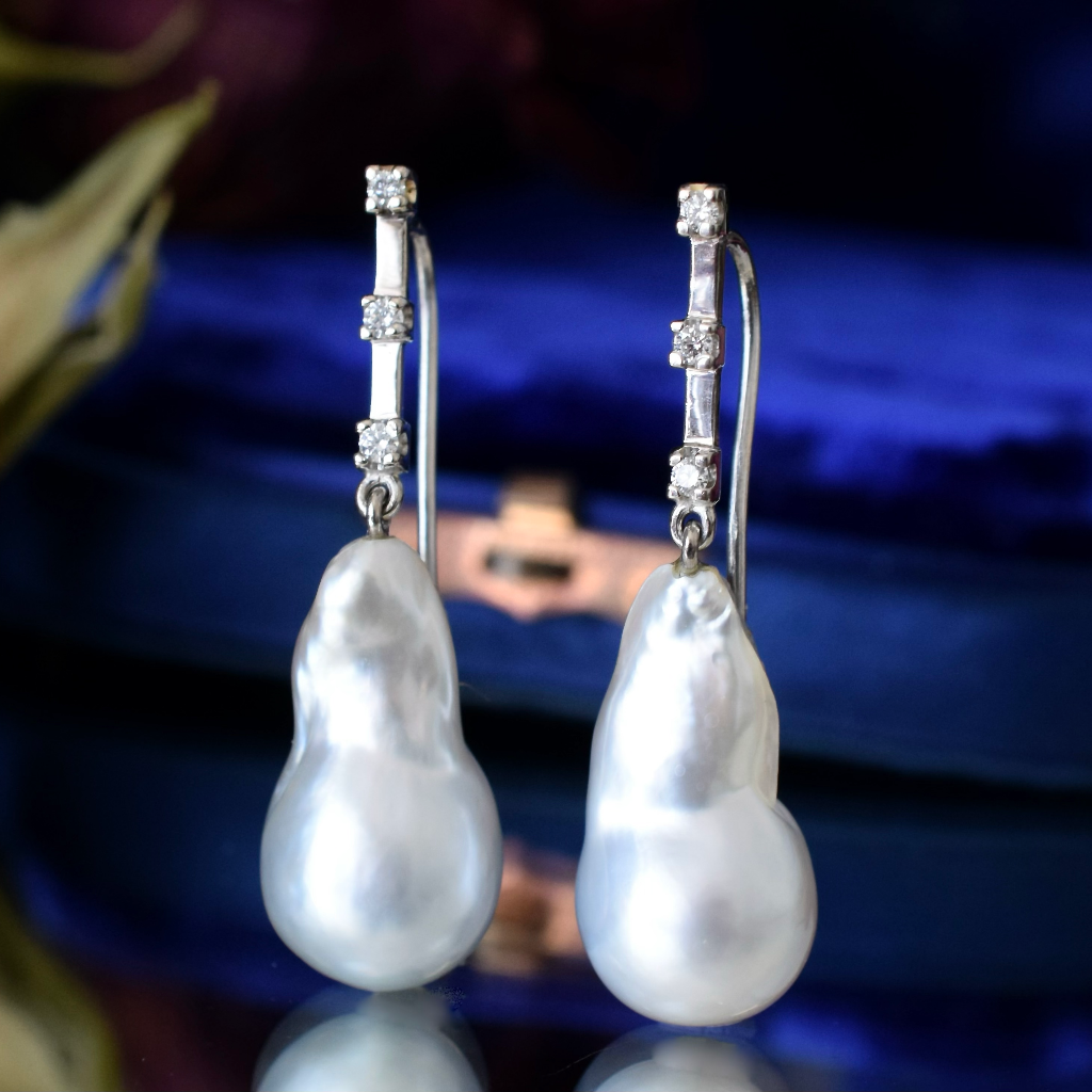 Stunning Modern 18ct White Gold Baroque Pearl And Diamond Earrings