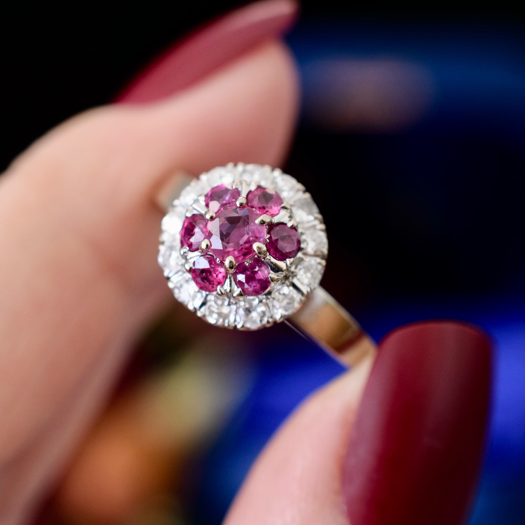 Modern 14ct White Gold Ruby And Diamond Halo Cluster Ring Independent Valuation Included For $4,000 AUD