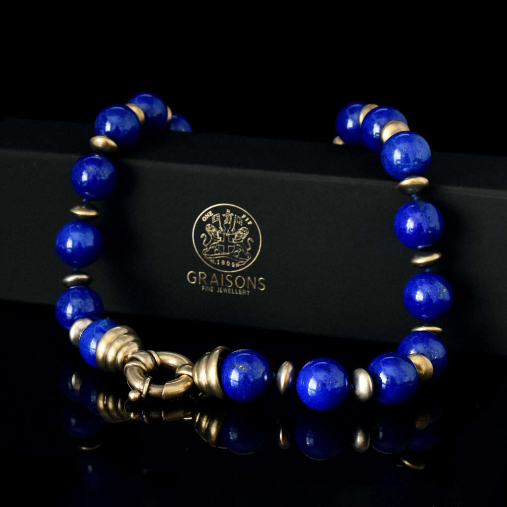 Modern Sterling Silver And Lapis Lazuli Bead Necklace - 214 Grams Independent Valuation Included For $3000 AUD