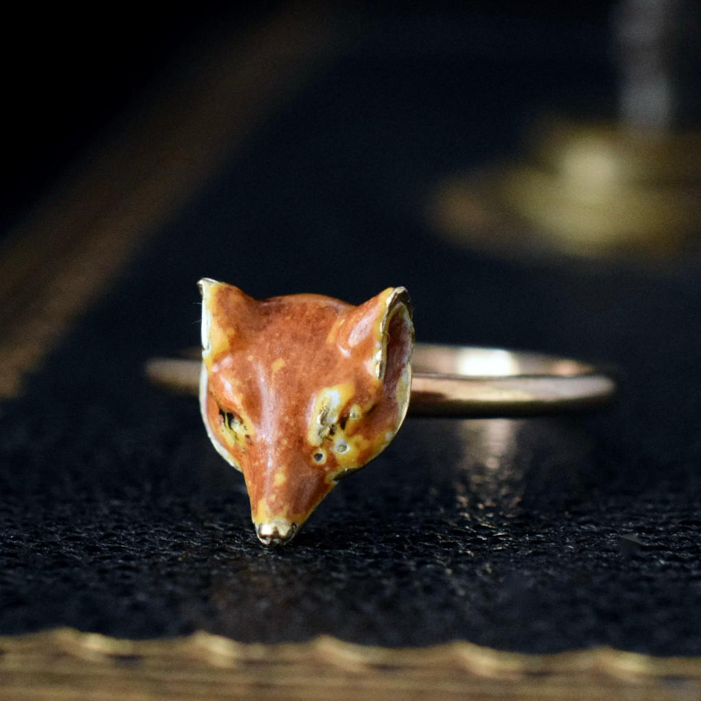 Antique 12ct Rose Gold And Enamel ‘Fox Head’ Ring Circa 1905