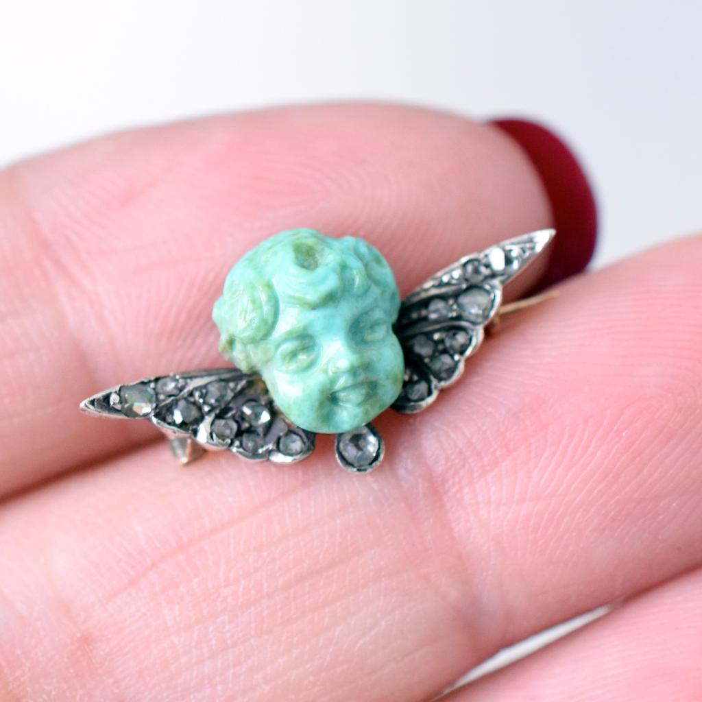 Antique Early Victorian Winged Diamond And Turquoise Cherub Brooch Circa 1850/60’s