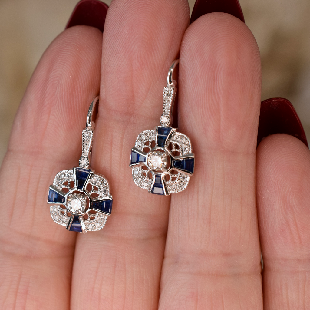 Art Deco Style 18ct White Gold Diamond And Sapphire Earrings