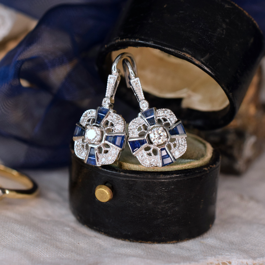 Art Deco Style 18ct White Gold Diamond And Sapphire Earrings