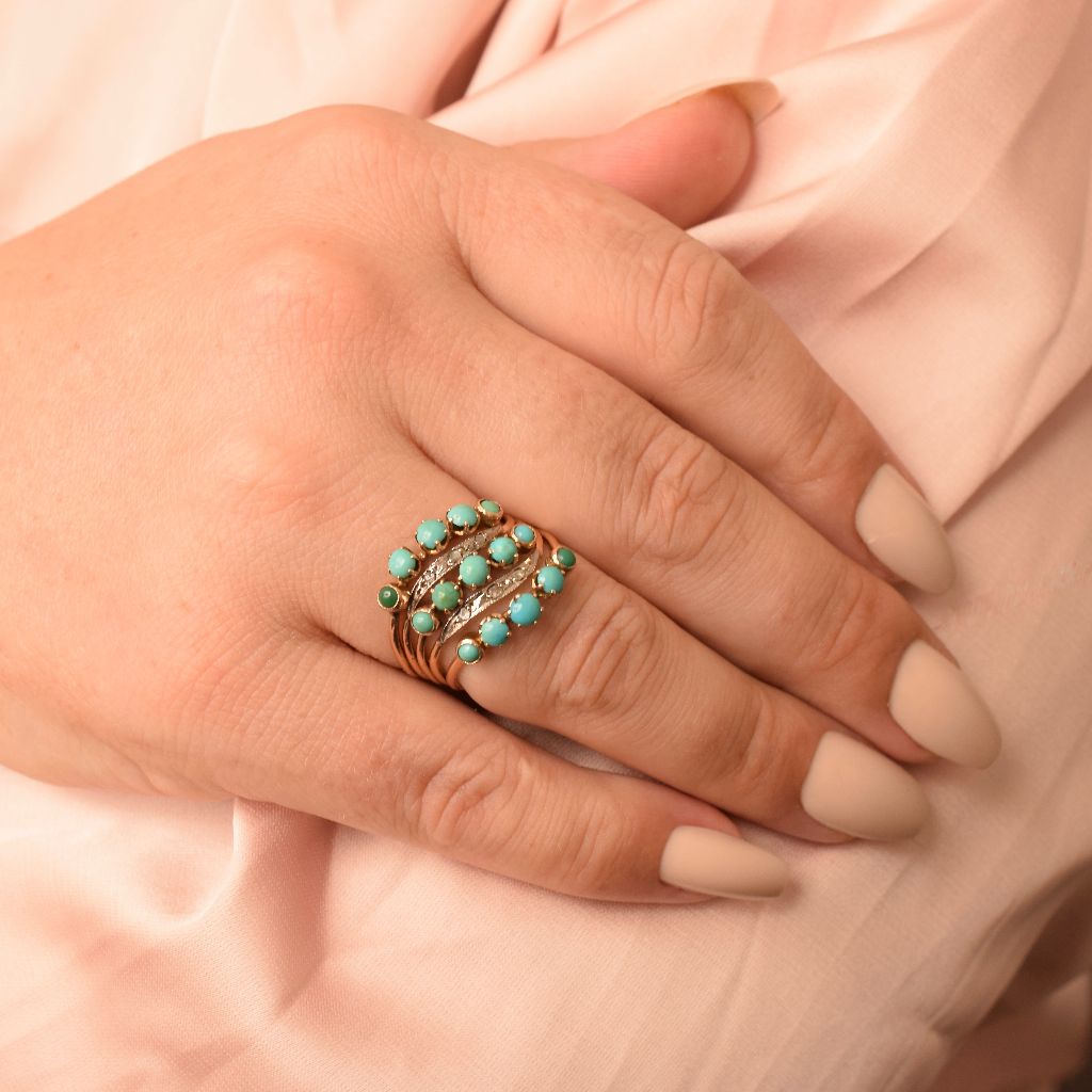 Early To Mid Century 14ct Rose Gold Turquoise And Diamond ‘Harem’ Ring