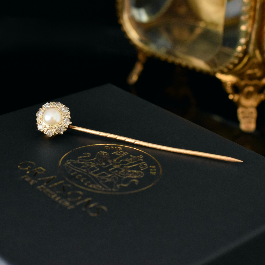 Antique Victorian/Edwardian 15ct Rose Gold Diamond And Pearl Stick Pin Circa 1900