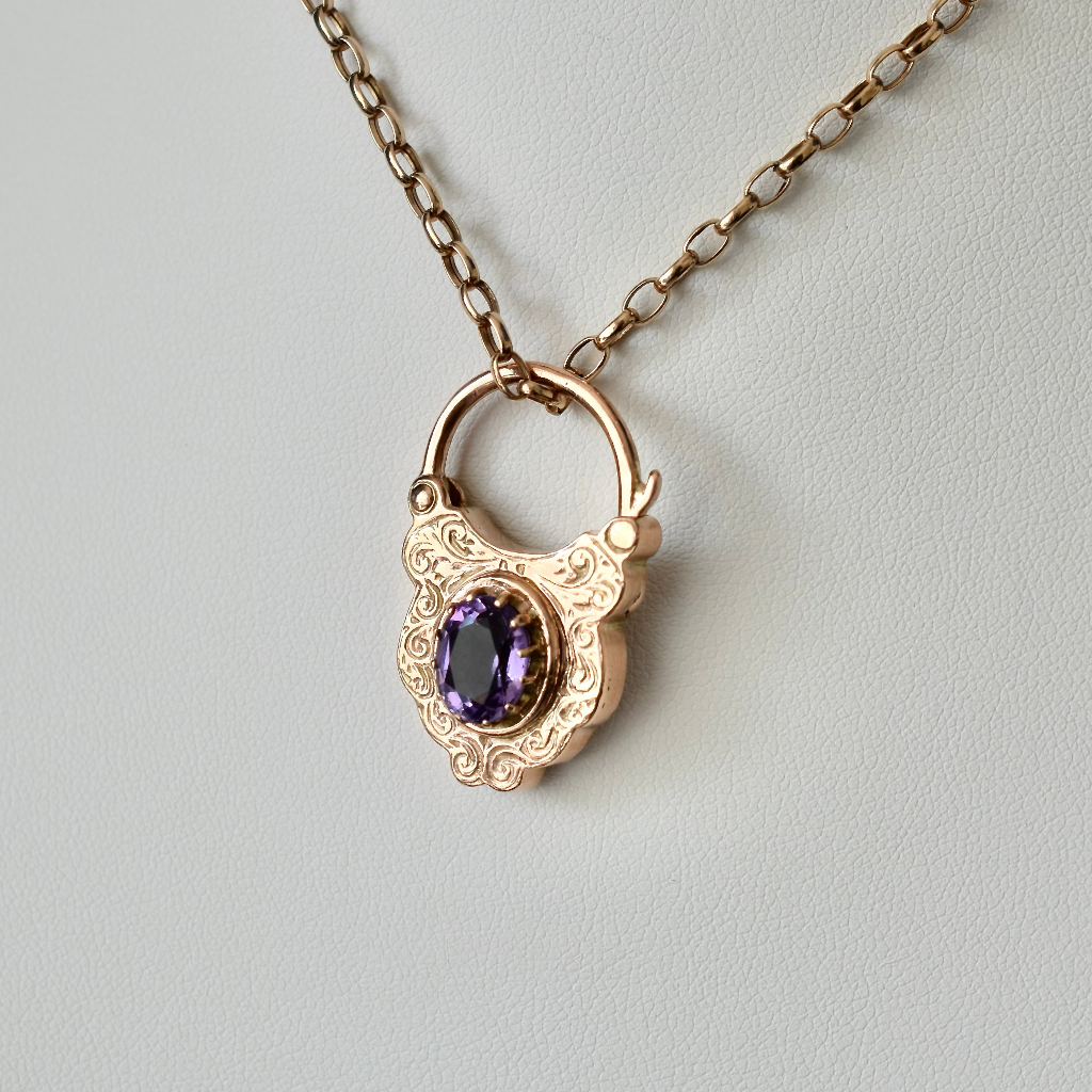 Modern 9ct Rose Gold And Amethyst Padlock Clasp