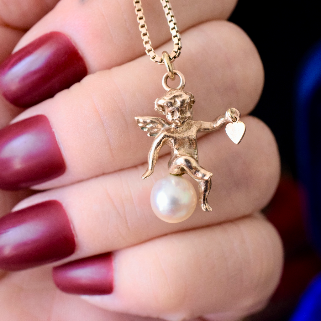 Modern 9ct Rose Gold Italian Box Chain And 9ct Rose Gold Angel Pearl Pendant