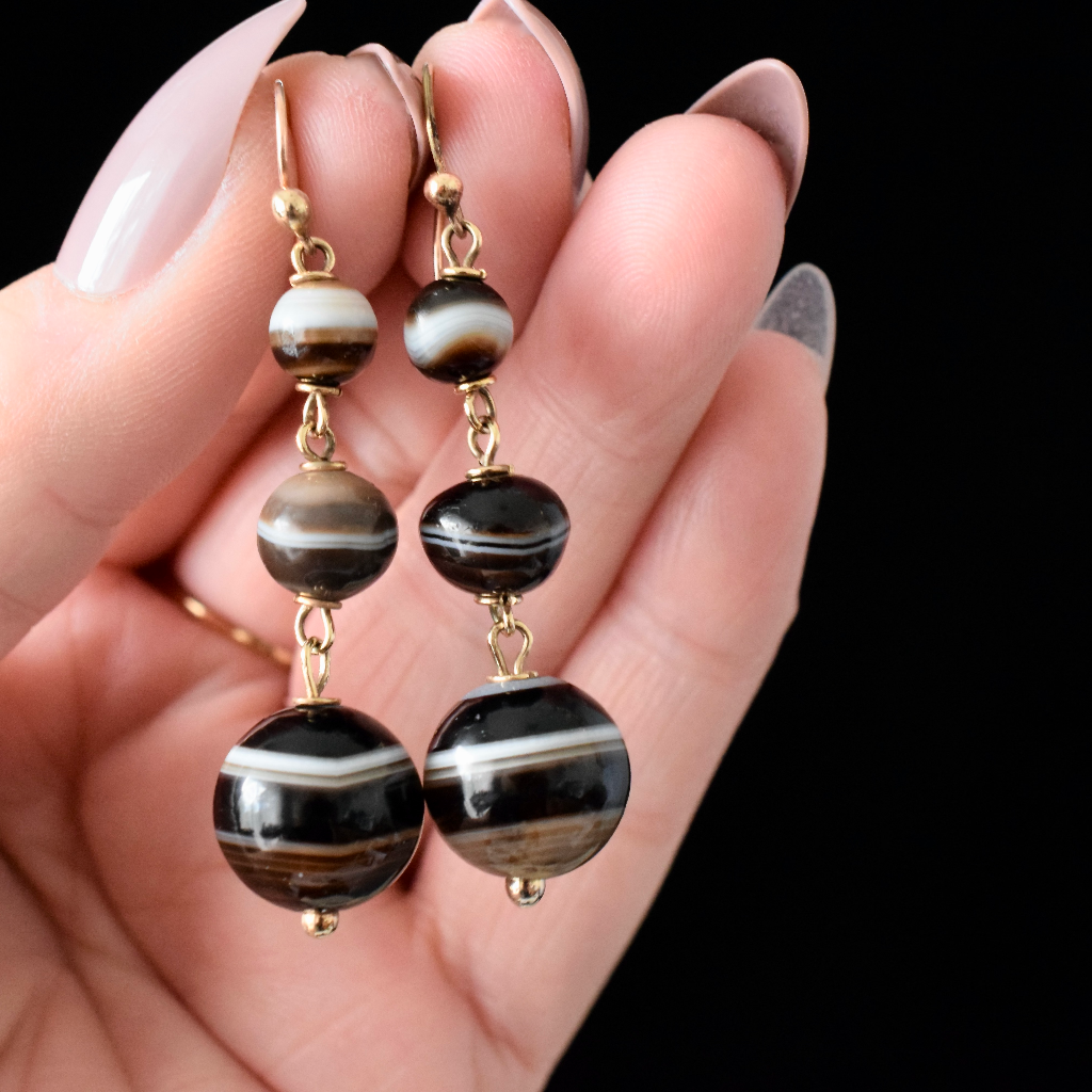 Antique 9ct Gold Banded Agate Drop Earrings Circa 1890