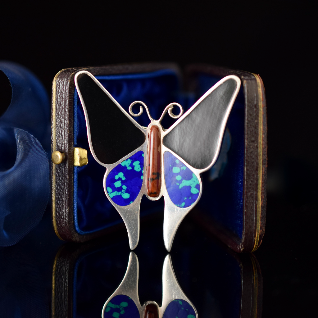 Mexican 950 Silver Azurite And Onyx Butterfly Brooch