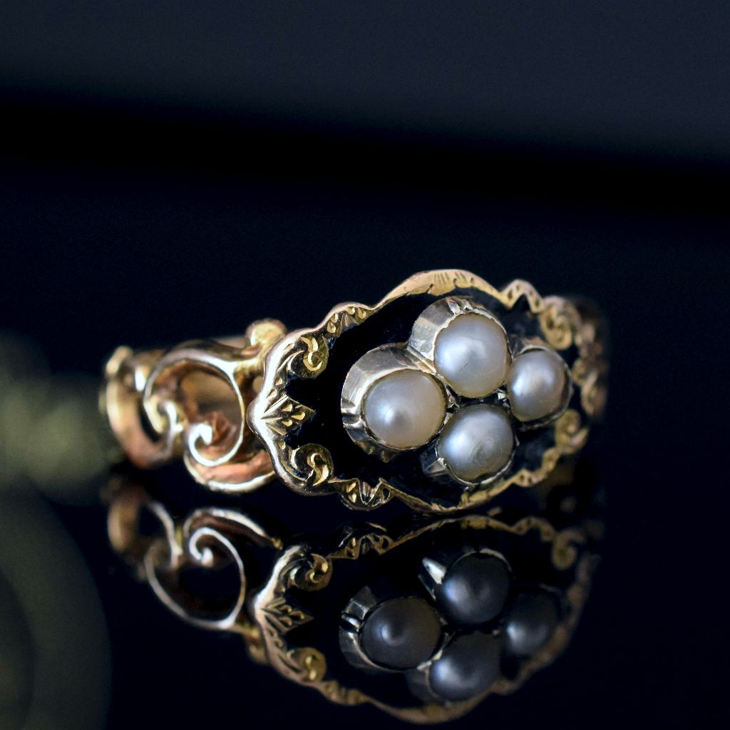 Antique Victorian 15ct Black Enamel Seed Pearl Ring Birmingham 1868