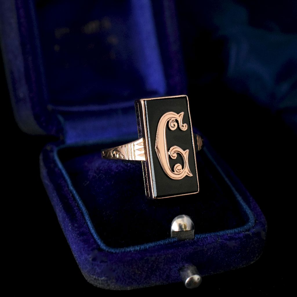 Antique Art Deco 9ct Rose Gold Onyx ‘G’ Monogram Ring Circa 1925