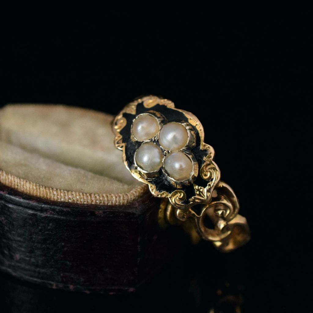 Antique Victorian 15ct Black Enamel Seed Pearl Ring Birmingham 1868