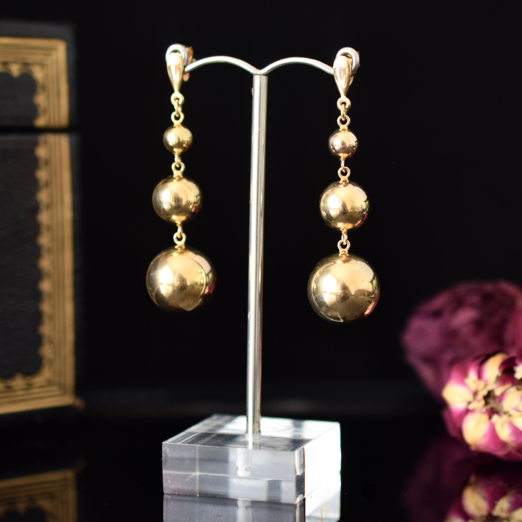 Modern 9ct Yellow Gold Triple Sphere Drop Earrings