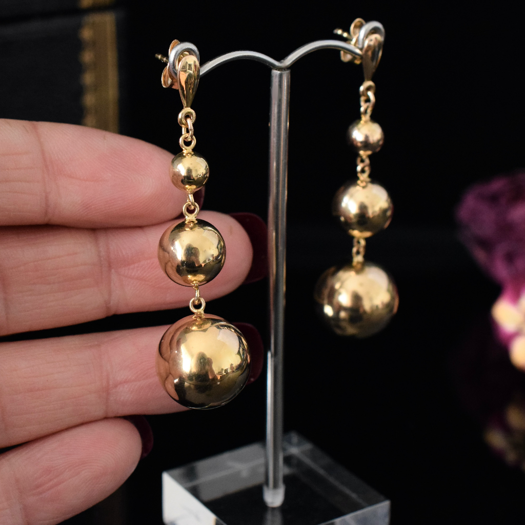 Modern 9ct Yellow Gold Triple Sphere Drop Earrings