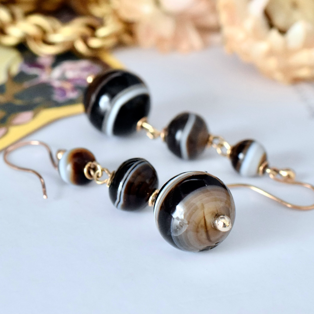 Antique 9ct Gold Banded Agate Drop Earrings Circa 1890