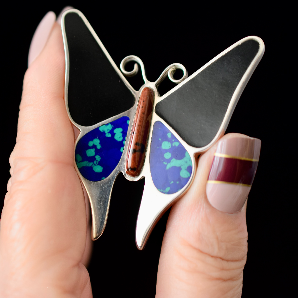 Mexican 950 Silver Azurite And Onyx Butterfly Brooch