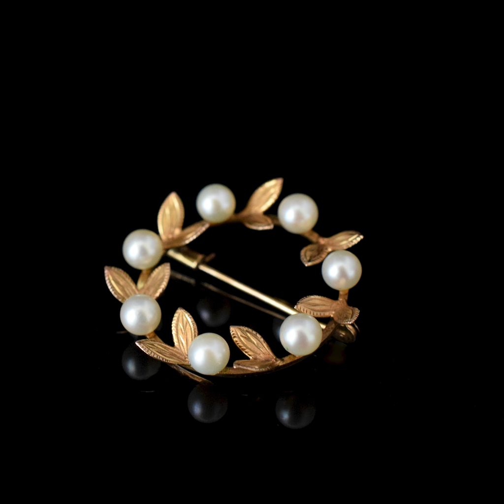 Vintage Mid-Century 14ct Rose Gold And Pearl ‘Wreath’ Brooch