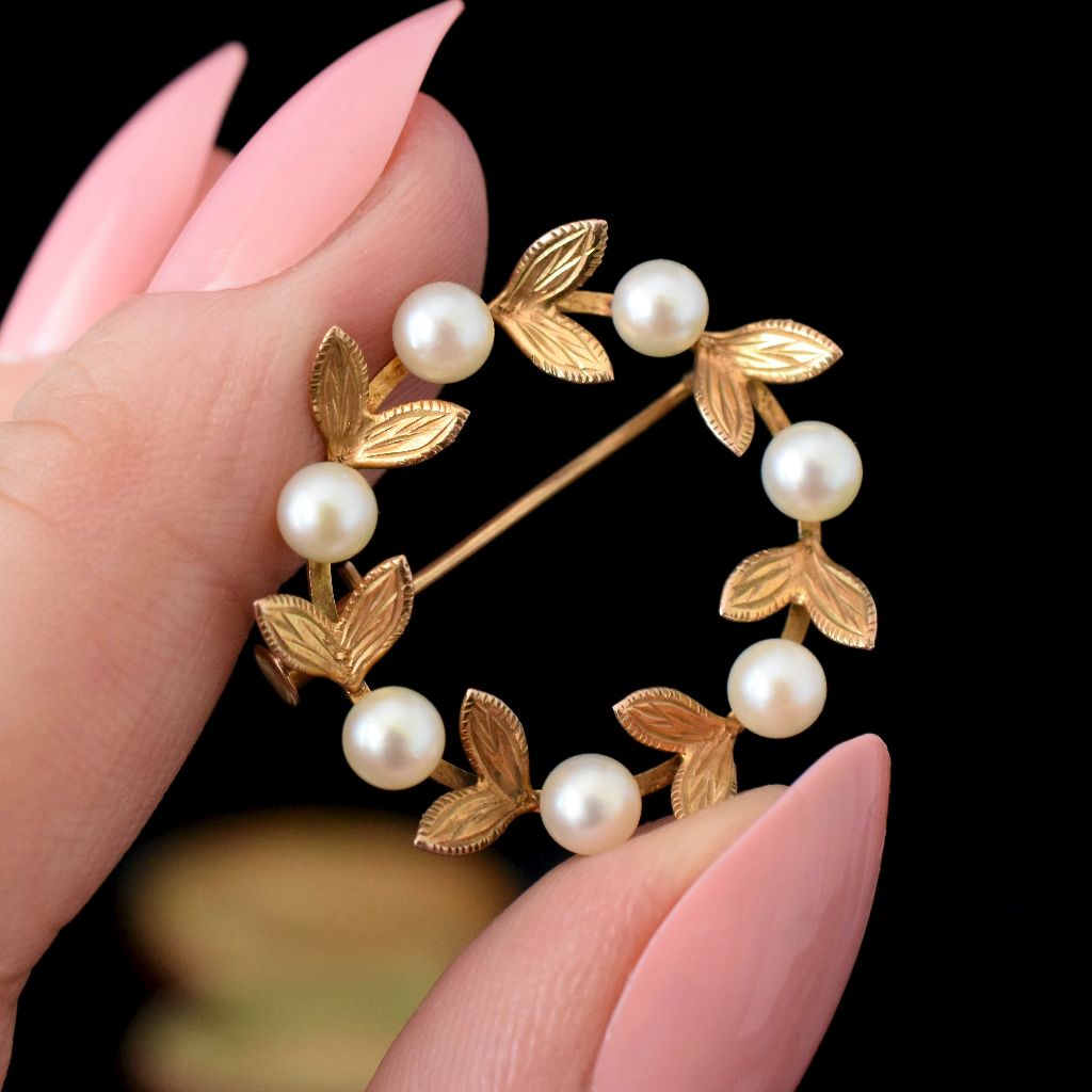 Vintage Mid-Century 14ct Rose Gold And Pearl ‘Wreath’ Brooch