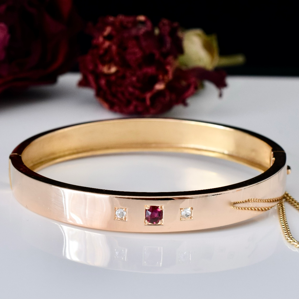 Antique Australian 15ct Rose Gold Diamond And Natural Ruby Bangle By ‘Wendt’ Circa 1910